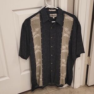 Campia moda short sleeve men's M shirt Dark blue with brown stripes‎ palm trees